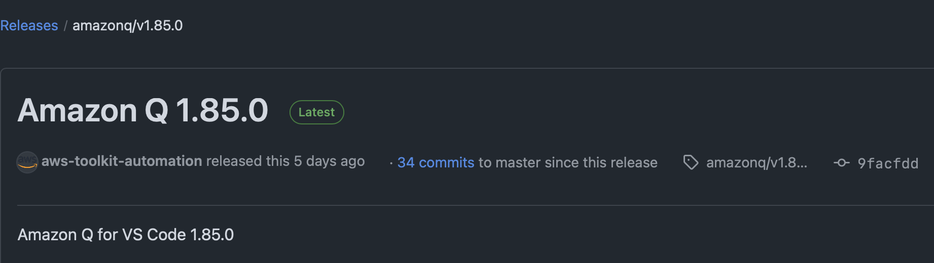 Amazon Q 1.85.0 release